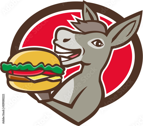 Donkey Mascot Serving Hamburger Oval Retro