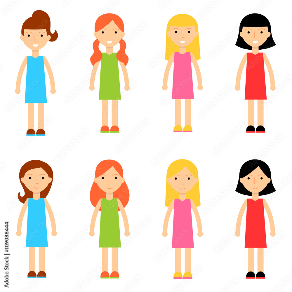 Flat Cartoon Girl Characters Collection