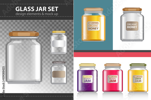 Big set of transparent jars, jam jars, honey jars. Vector illustration.
