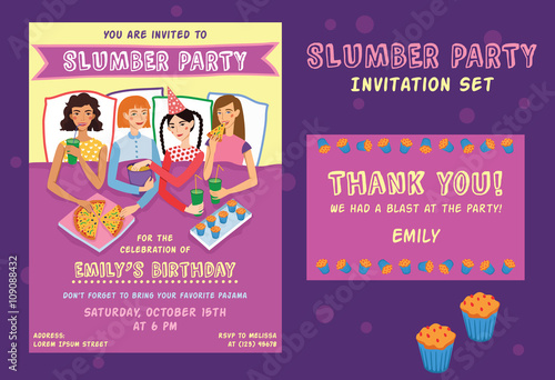 Slumber Party Birthday Invitation Thank You Card Set With Four Cute Girls Friends Vector Illustration. Ginger, Brunette, Blond And Brown Haired Girlfriends Different Hairstyles Chatting, Snacking