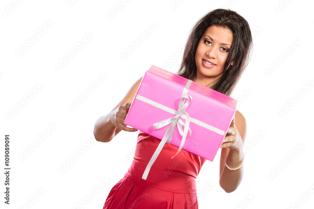 Pretty mixed race woman with box gift. Christmas Pretty mixed race woman with box gift. Christmas