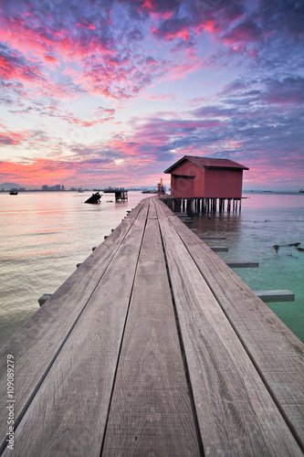 Fototapeta Naklejka Na Ścianę i Meble -  Amazing Sunrise and Sunset in Clan Jetty, George Town, Penang Malaysia
