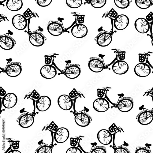 monochrome seamless french pattern of bicycles with baskets