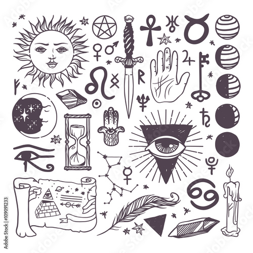 Set of trendy vector esoteric symbols collection sketch hand drawn