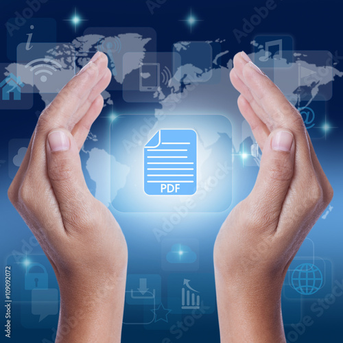 Hand showing pdf icon symbol on screen. business concept