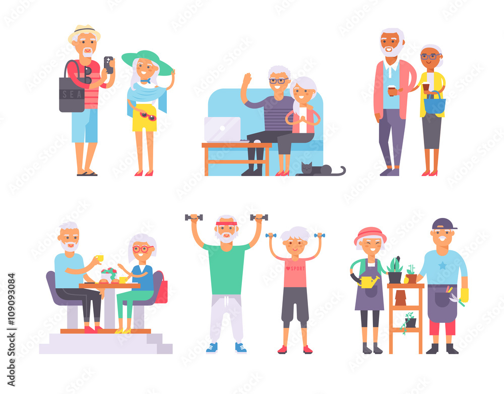 Geriatric care pensioners retirees and happy senior woman elder age characters vector illustration. 