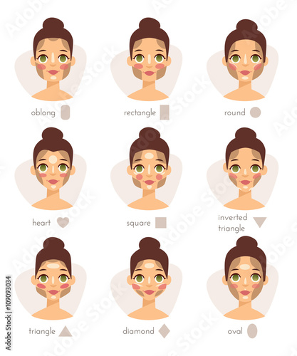 Set of different woman face types shapes female head vector character illustration.