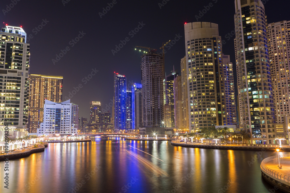 Night city skyline in Marina district, Dubai