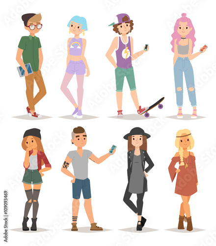 Group of modern teenagers young people lifestyle character vector illustration. 