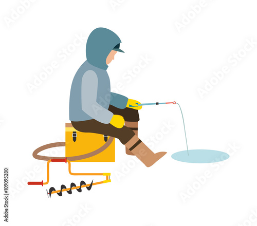 Fisherman enjoying days winter fishing on ice sport lake snow leisure vector illustration.