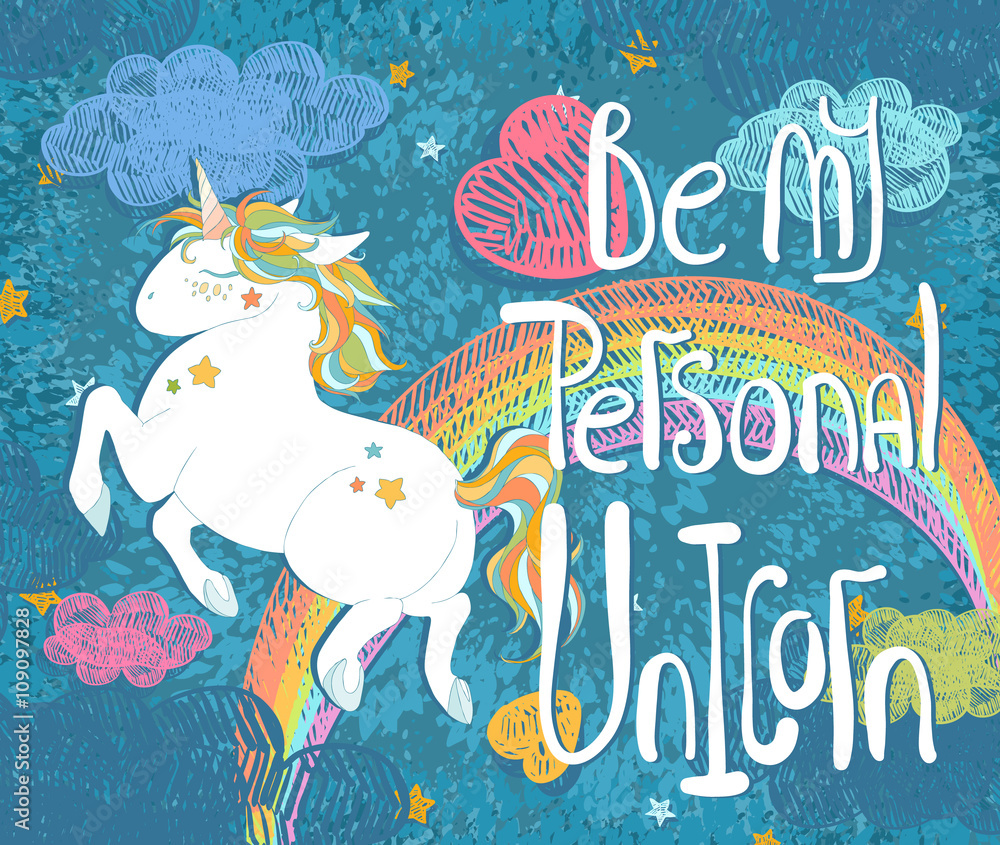 Be my personal Unicorn. Valentines day card with Cute Baby Unicorn. Colorful night sky with rainbow, stars, clouds, freehand doodle decoration. Hand drawn vector illustration, separated elements.