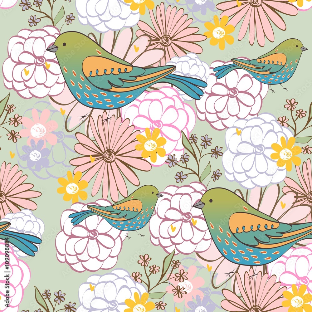 Stylish floral background with cartoon  bird in light colors.