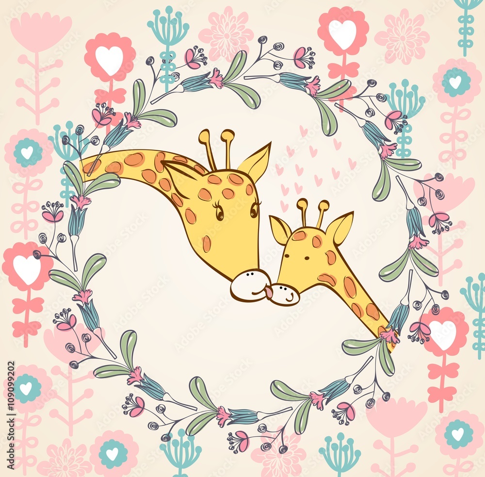 Stylish floral background with cartoon giraffe in light colors.