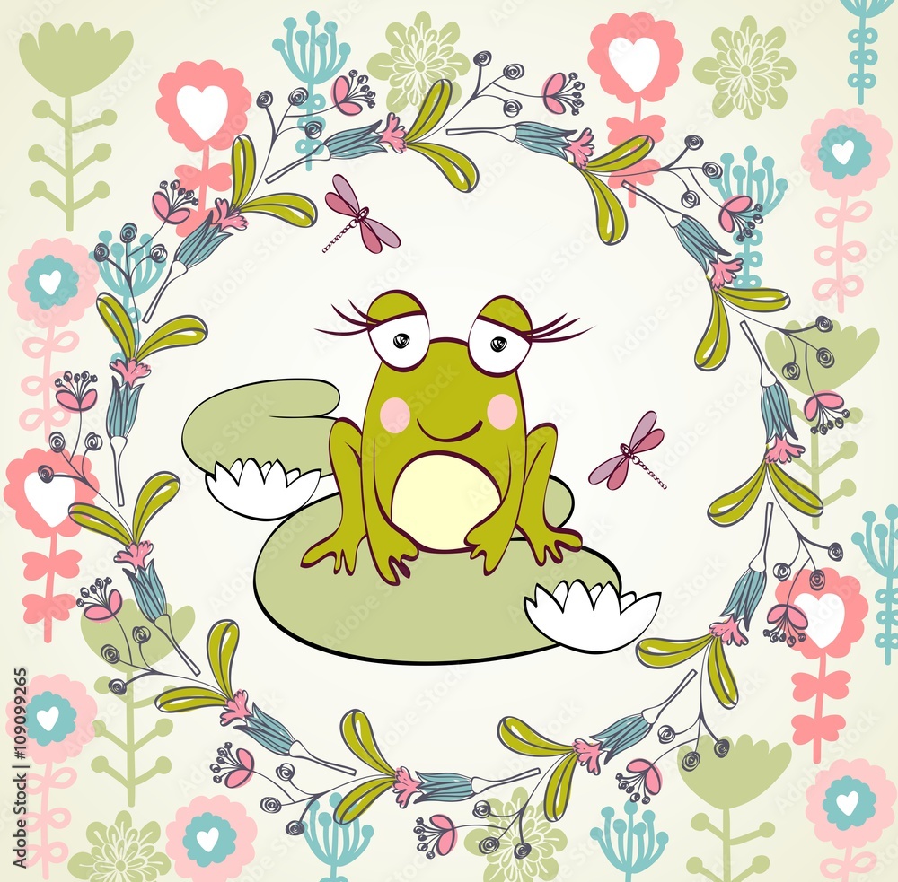 Stylish floral background with cartoon frog in light colors. Stylish floral background with cartoon frog in light colors.
