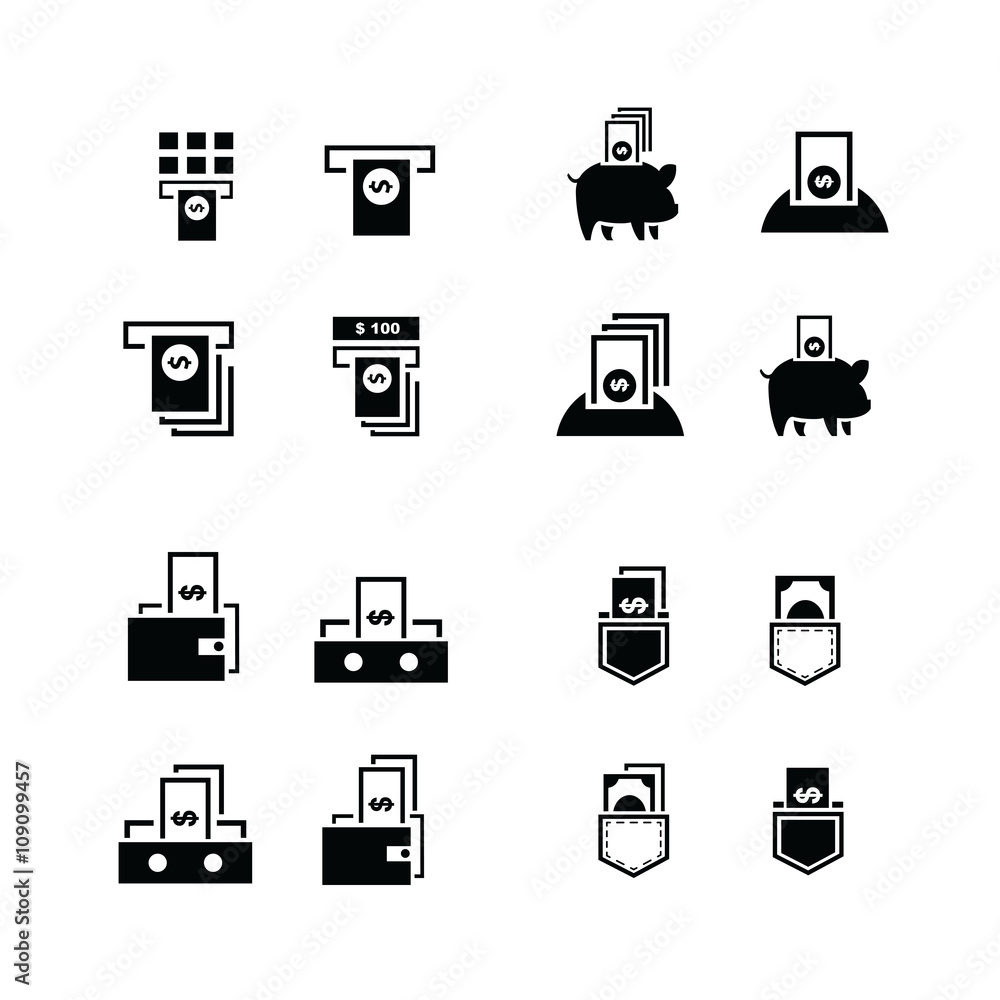 Piggy bank and money in wallet icons Piggy bank and money in wallet icons