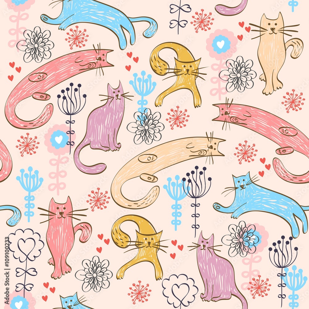 Obraz premium Vector hand drawn seamless pattern with cats