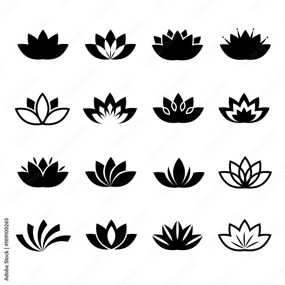 Naklejka Zestaw ikon kwiat lotosu. Wektor znaki kwiat lotosu lub symbole kwiat lotosu roślin