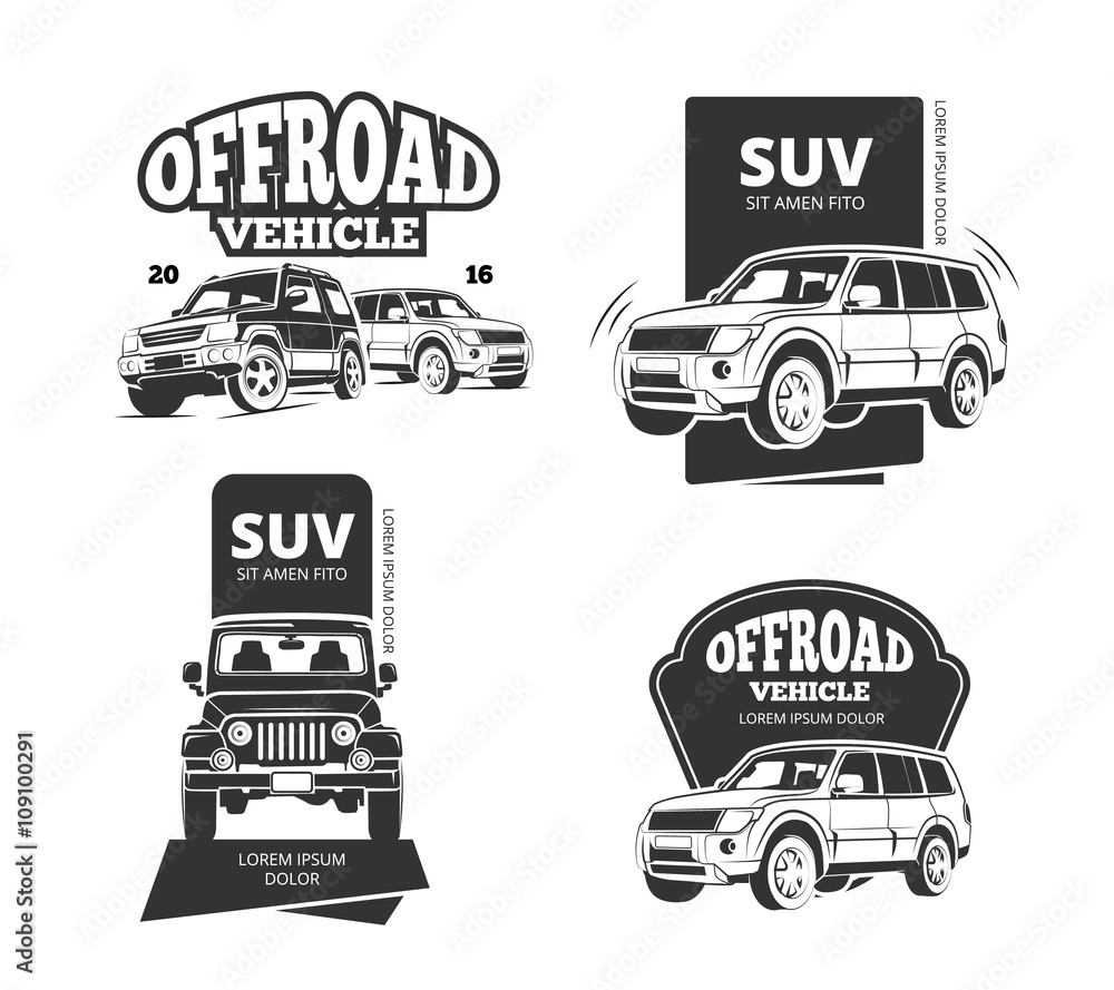 Suv car vector badges and offroad labels. Suv offroad car logo set or