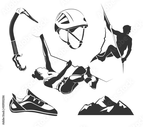 Climbing, trekking, hiking, mountaineering logo elements. Extreme outdoor adventure signs. Extreme travel activity elements
