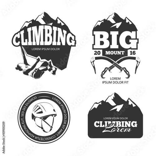 Vintage mountain climbing logo set. Mountain rock climbing labels and climbing sport activity badges vector