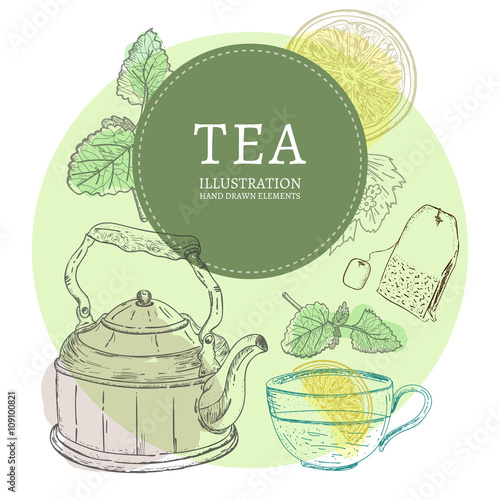 Tea party elements hand drawn vintage 