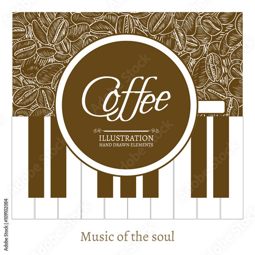 Coffee - soul music cup of coffee on the piano hand drawn vector