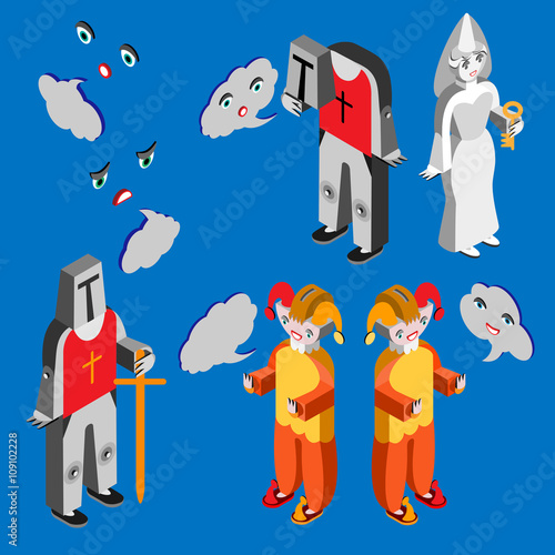 Jester, white lady, headleess knight, knight, heads with different facial expressions and speech bubble. Isometric icon set.  Vector illustration.
Vector illustration.