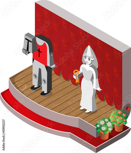 White Lady and headless knight on theater stage. Isometric view. Vector illustration.