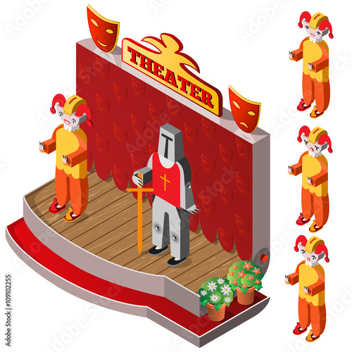 Jester and king on theater stage. Jester with different facial expressions. Isometric icon set. Vector illustration.