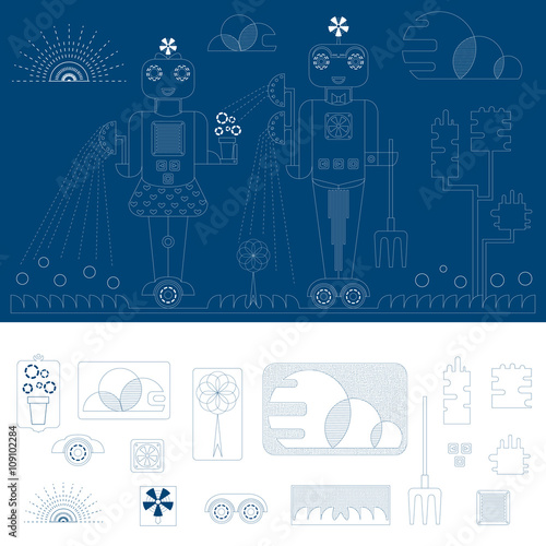 Two robots watering the garden. Line icon set. Vector illustration.