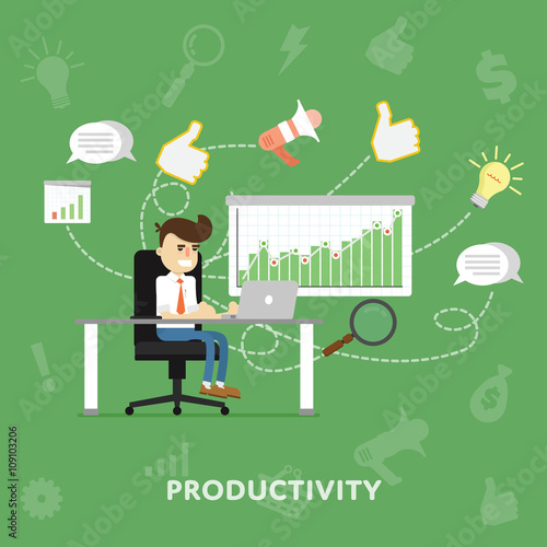 Businessman working at his laptop in office productivity concept flat abstract isolated vector illustration