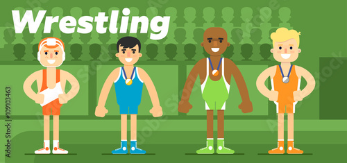 Wrestling team in the awarding of a gold, a silver and a bronze medal flat vector illustration. The Olympic sport.
