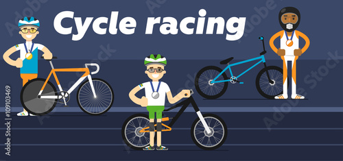 Cycling team award with gold, silver and bronze medal flat vector illustration. The Olympic sport.