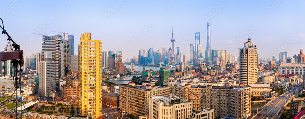 Wide panoramic view of Shanghai Skyline.