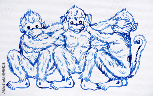 Canvas Print funny 3 monkeys concept, watercolor painting illustration design