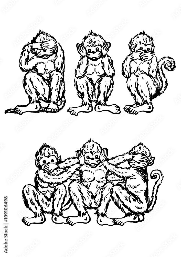 Fototapeta premium funny 3 monkeys concept, illustration design, hand drawn
