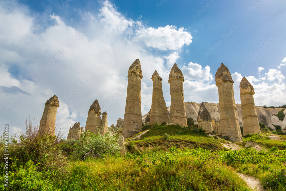 Rocks of an unusual form in the Valley of Love in summer day, Cappadocia, Turkey