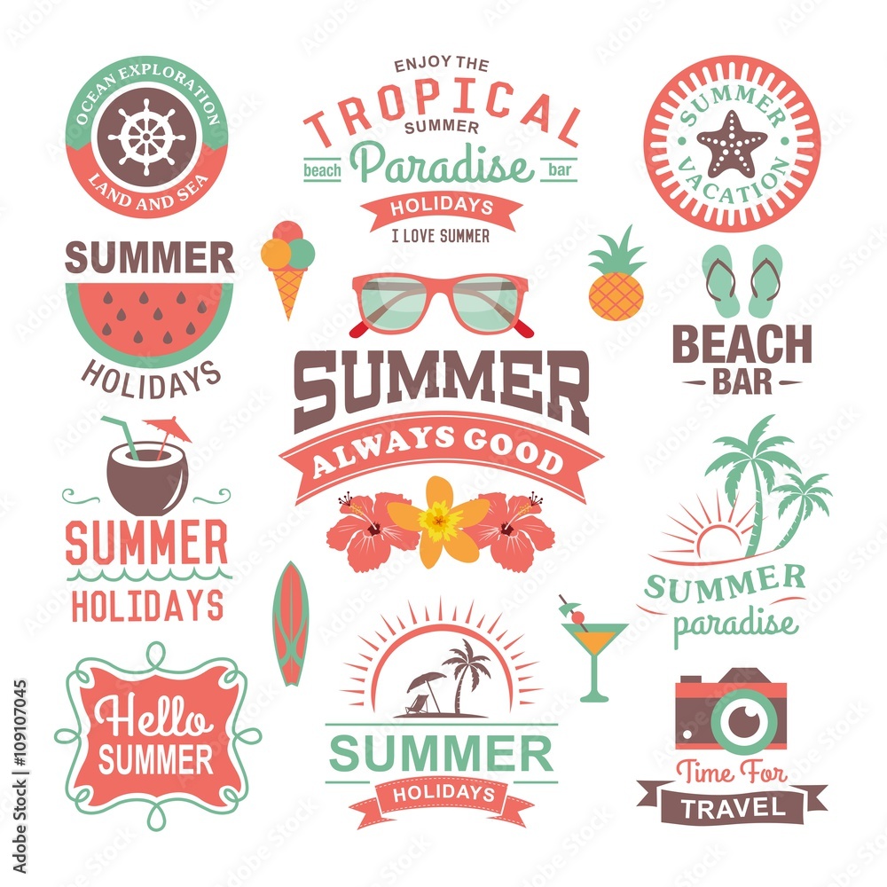 Obraz premium Vintage summer design and typography design with labels, posters, icons, logos, element set.