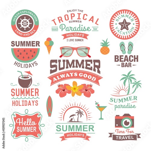 Vintage summer design and typography design with labels, posters, icons, logos, element set.