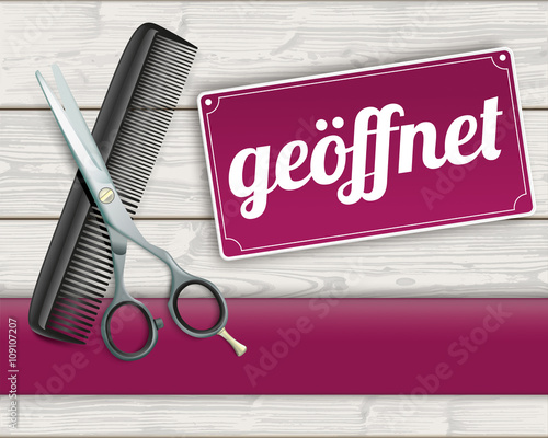 Wood Banner Scissorc Comb Sign Geoeffnet