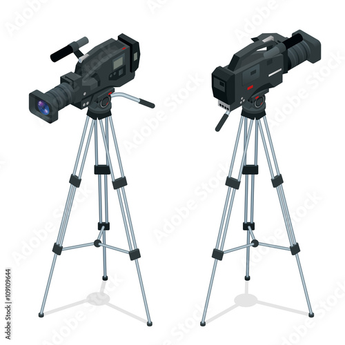 Professional digital video camera set on a tripod. Film lens. Flat 3d vector isometric illustration.