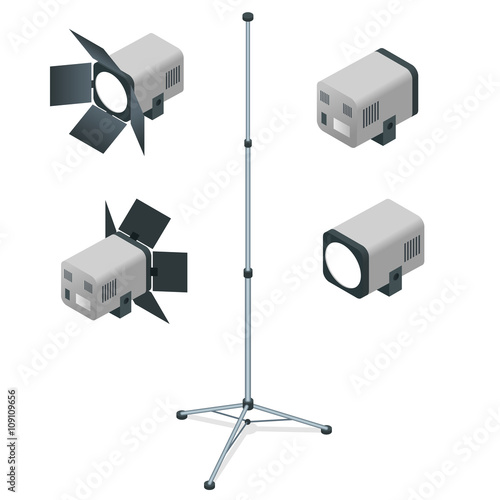 Spotlights realistic transparent background for show contest or interview vector illustration. White studio with spotlight. Flat 3d vector isometric illustration.