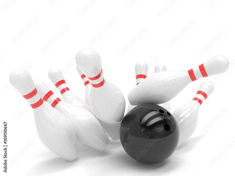 Bowling ball and skittles isolated. 3d rendering. Bowling ball and skittles isolated. 3d rendering.