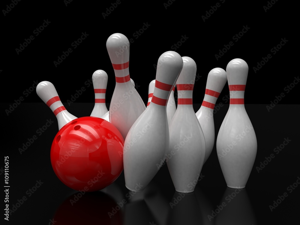 Bowling ball and skittles isolated. 3d rendering. Bowling ball and skittles isolated. 3d rendering.