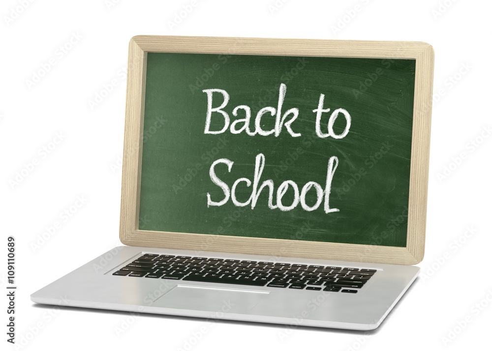 Laptop with chalkboard, back to school, online education concept. 3d rendering. Laptop with chalkboard, back to school, online education concept. 3d rendering.