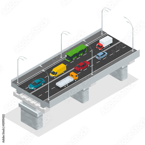 Overpass vector illustration. Elevated road junction and interchange overpass. Flat 3d isometric concept of the city with highways. Flowing traffic. Road infographics with highways with city transport