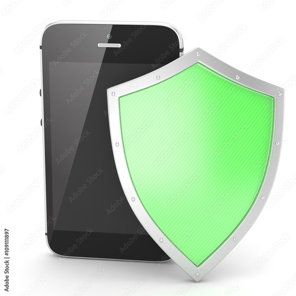 Smartphone and shield on white, security concept. 3d rendering.
