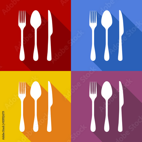 Icono plano cubiertos con sombra en varios colores