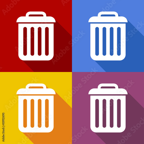 Icono plano cubo de basura con sombra en varios colores