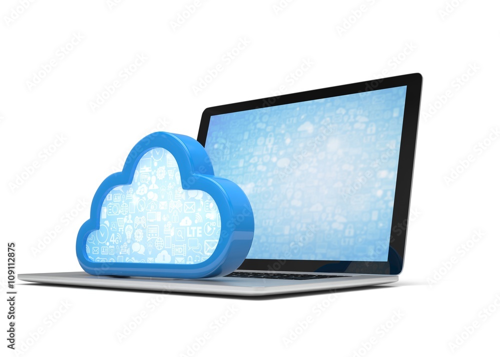 Laptop with cloud computing symbol on keyboard. 3d render Laptop with cloud computing symbol on keyboard. 3d render